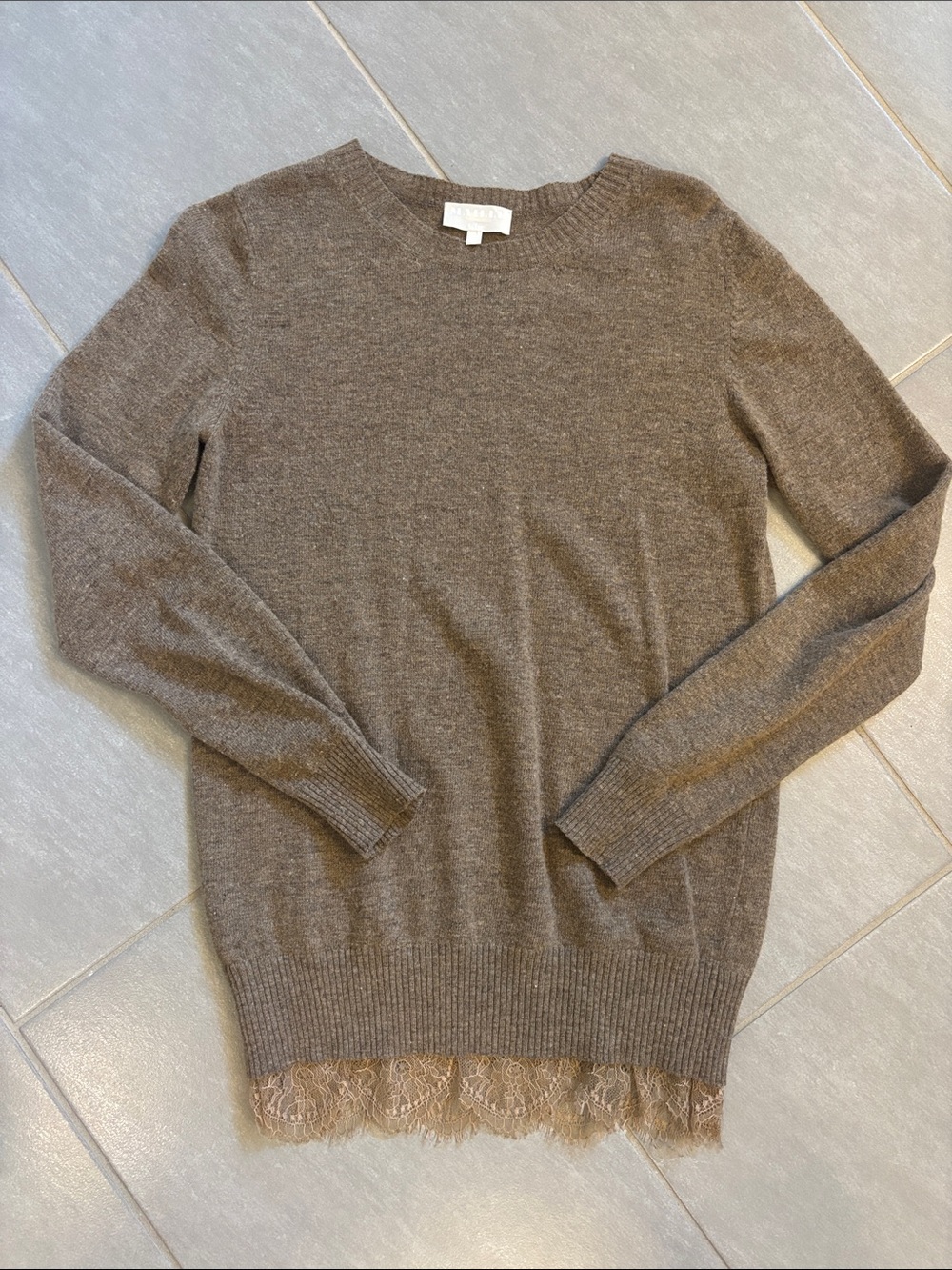 Women's Lace-Hem Crewneck Sweater in Taupe